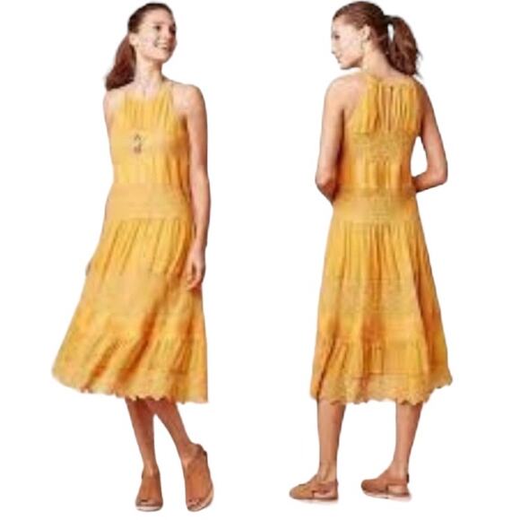 HD in Paris Yellow Tiered Multitextural Midi Sundress Sz XS Boho Cottage Fairy - Picture 1 of 9